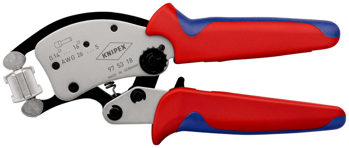 KNIPEX 97 53 18 Twistor16® Self-Adjusting Crimping Pliers for wire ferrules with rotatable die head with multi-component handles chrome-plated 200 mm