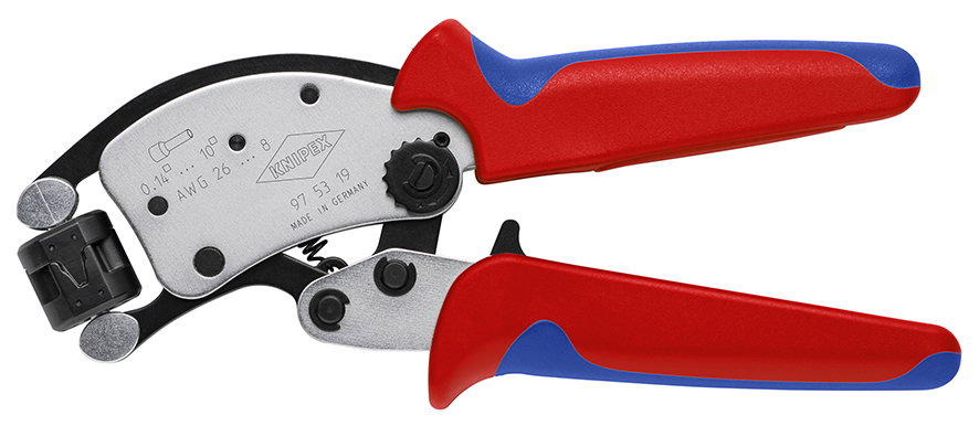 KNIPEX 97 53 19 Twistor® T Self-Adjusting Crimping Pliers for wire ferrules with rotatable die head with multi-component handles chrome-plated 200 mm
