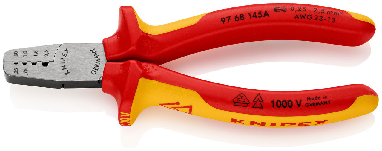 KNIPEX 97 68 145 A Crimping Pliers for wire ferrules insulated with multi-component grips, VDE-tested 145 mm