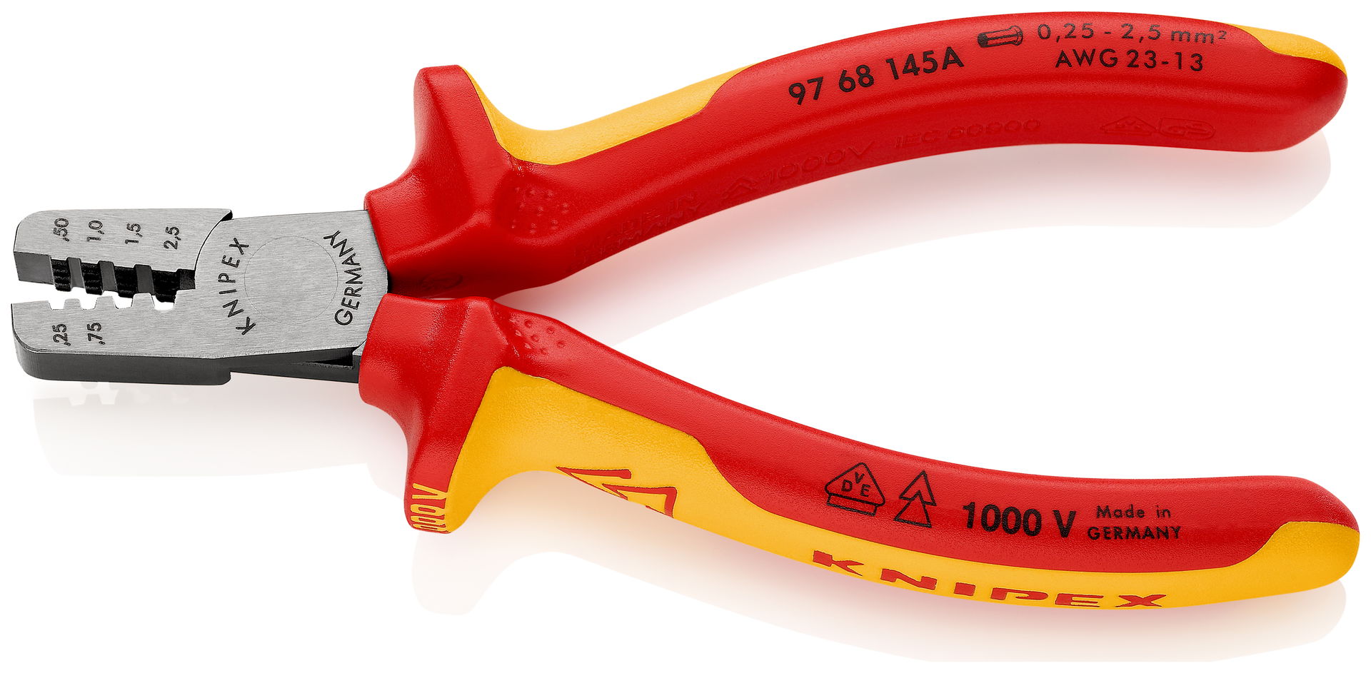 KNIPEX 97 68 145 A Crimping Pliers for wire ferrules insulated with multi-component grips, VDE-tested 145 mm – Image 2 of 2