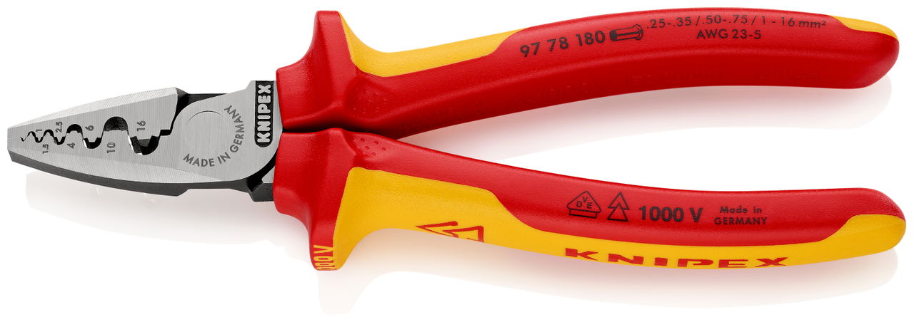 KNIPEX 97 78 180 Crimping Pliers for wire ferrules insulated with multi-component grips, VDE-tested 180 mm