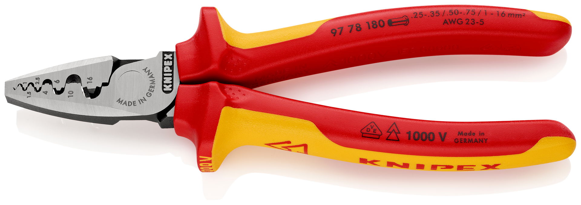 KNIPEX 97 78 180 Crimping Pliers for wire ferrules insulated with multi-component grips, VDE-tested 180 mm