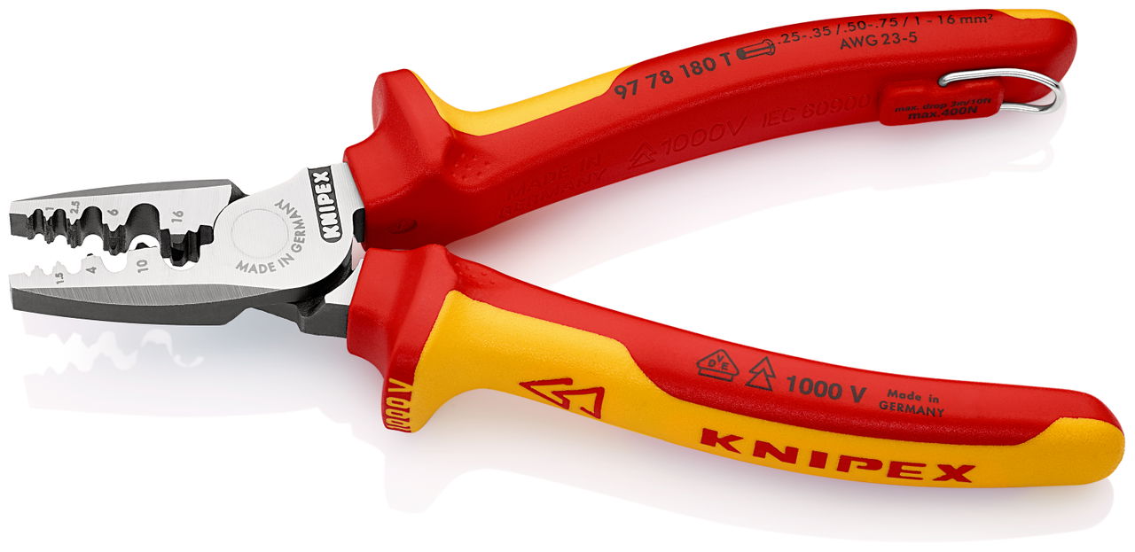 KNIPEX 97 78 180 T Crimping Pliers for wire ferrules insulated with multi-component grips, VDE-tested with integrated insulated tether attachment point for a tool tether 180 mm – Image 2 of 4