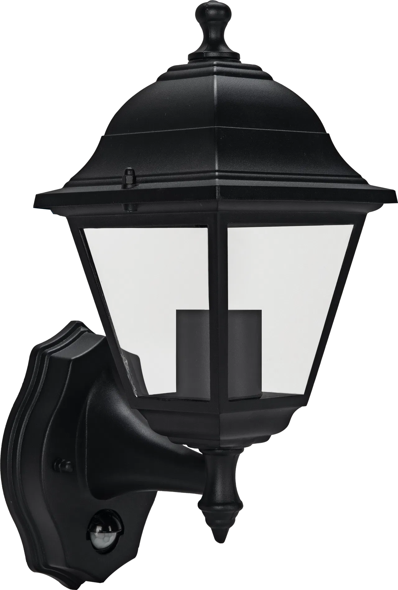EXTERIOR LED PIR COACH LANTERN 4 PANEL BOTTOM ARM 640LM 8W 4000K IP44 BLACK