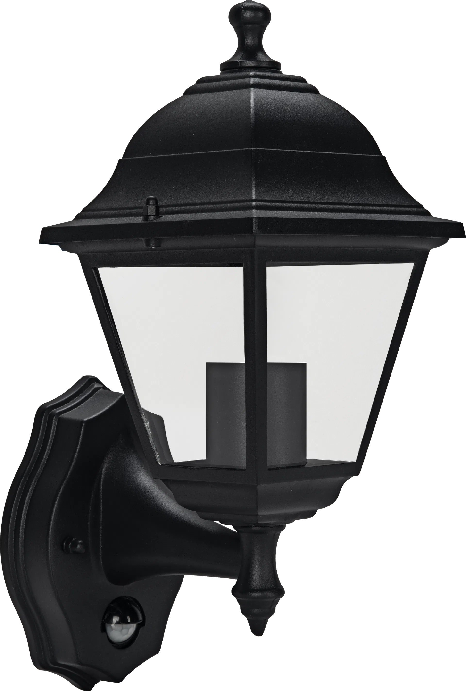 EXTERIOR LED PIR COACH LANTERN 4 PANEL BOTTOM ARM 640LM 8W 4000K IP44 BLACK