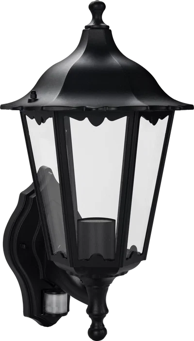 6 PANEL COACH LANTERN EXTENDED OUTREACH E27 LAMPHOLDER PIR IP44 BLACK LESS LAMP
