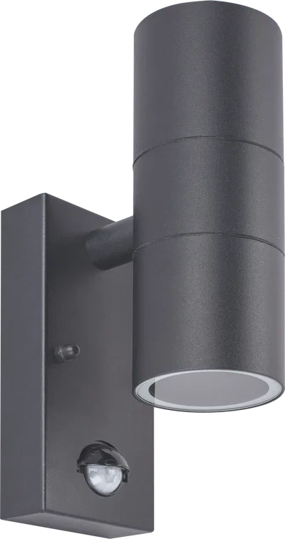 SLATE GREY STAINLESS STEEL EXTERIOR DECORATIVE GU10 UP/DOWN WALL LIGHT WITH PIR MOTION SENSOR - IP44