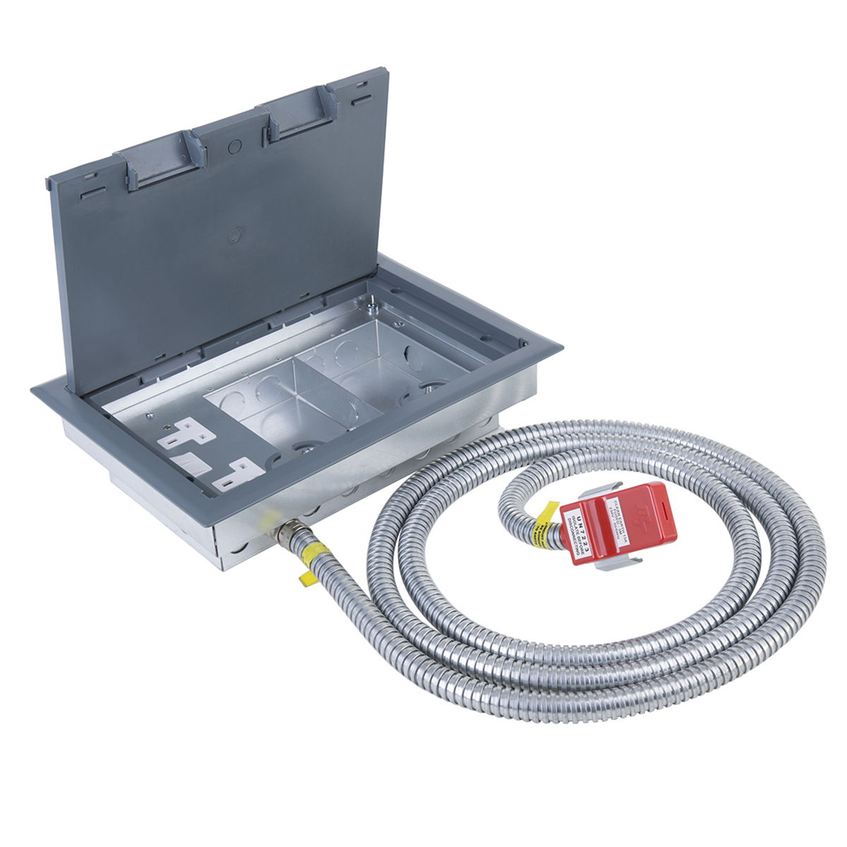 Marshall-Tufflex Pre-wired Raised Floor Box 3 Compartment 1 x 2 Gang Switched Socket 357mm x 257mm Grey + 32A Unfused Clean Earth Tap-off Unit 3m
