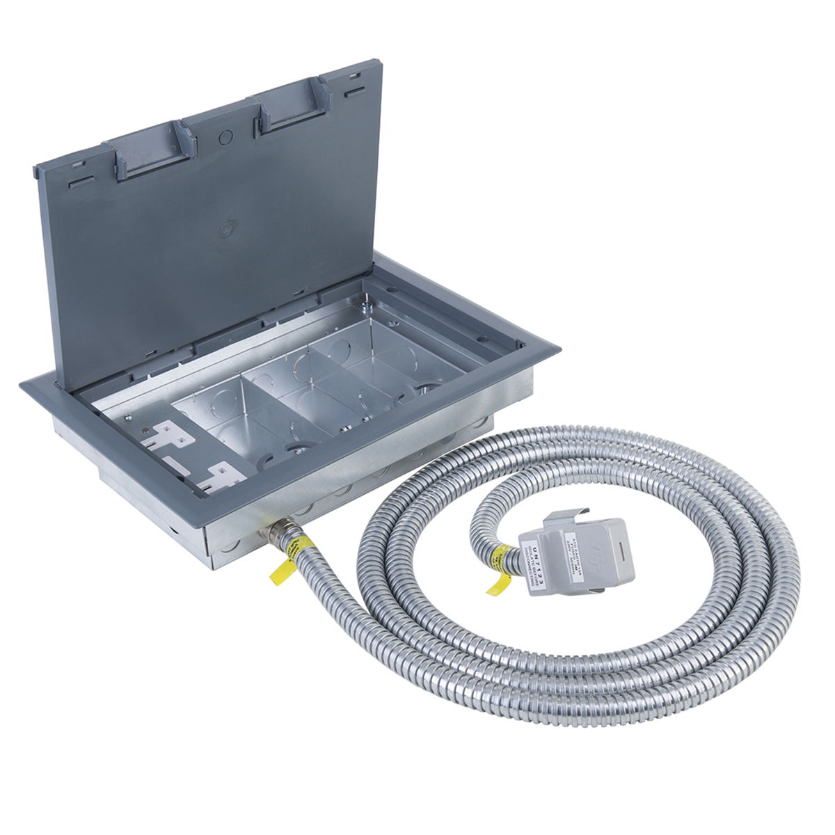 Marshall-Tufflex Pre-wired Raised Floor Box 4 Compartment 1 x 2 Gang Switched Socket 357mm x 257mm Grey + 32A Unfused Standard Tap-off Unit 3m