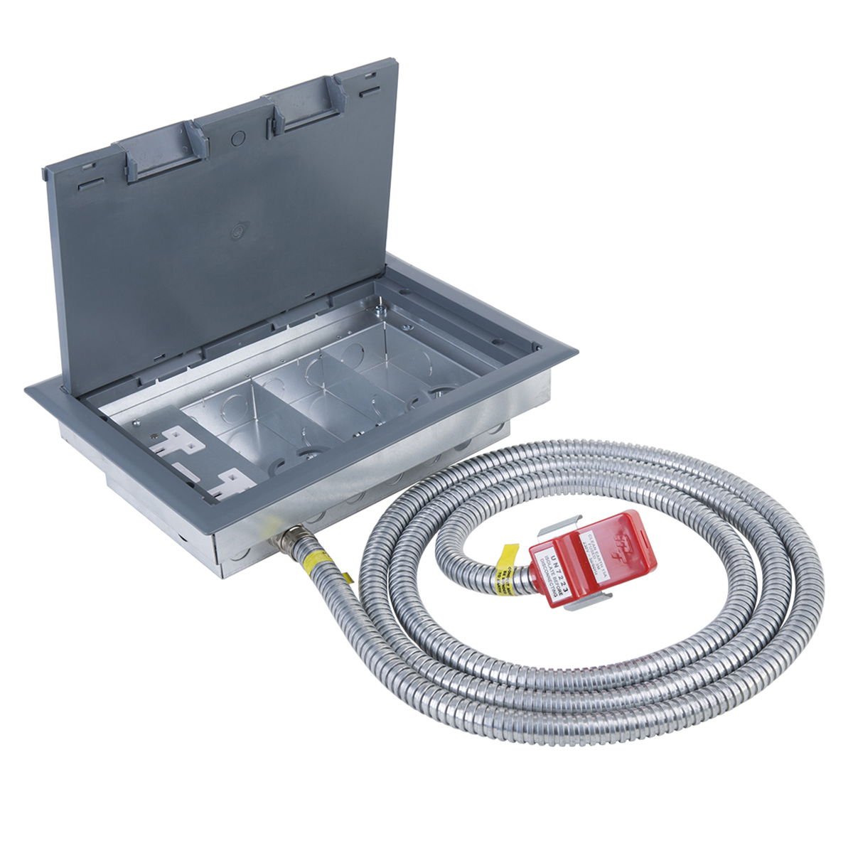 Marshall-Tufflex Pre-wired Raised Floor Box 4 Compartment 1 x 2 Gang Switched Socket 357mm x 257mm Grey + 32A Unfused Clean Earth Tap-off Unit 3m