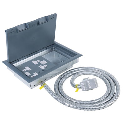 Marshall-Tufflex Pre-wired Raised Floor Box 3 Compartment 2 x 2 Gang Switched Socket 357mm x 257mm Grey + 32A Unfused Standard Tap-off Unit 3m