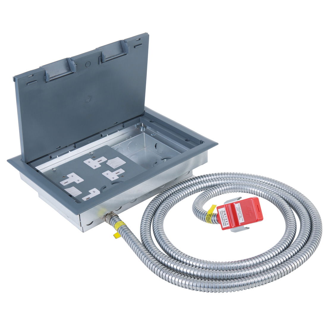 Marshall-Tufflex Pre-wired Raised Floor Box 3 Compartment 2 x 2 Gang Switched Socket 357mm x 257mm Grey + 32A Unfused Clean Earth Tap-off Unit 3m