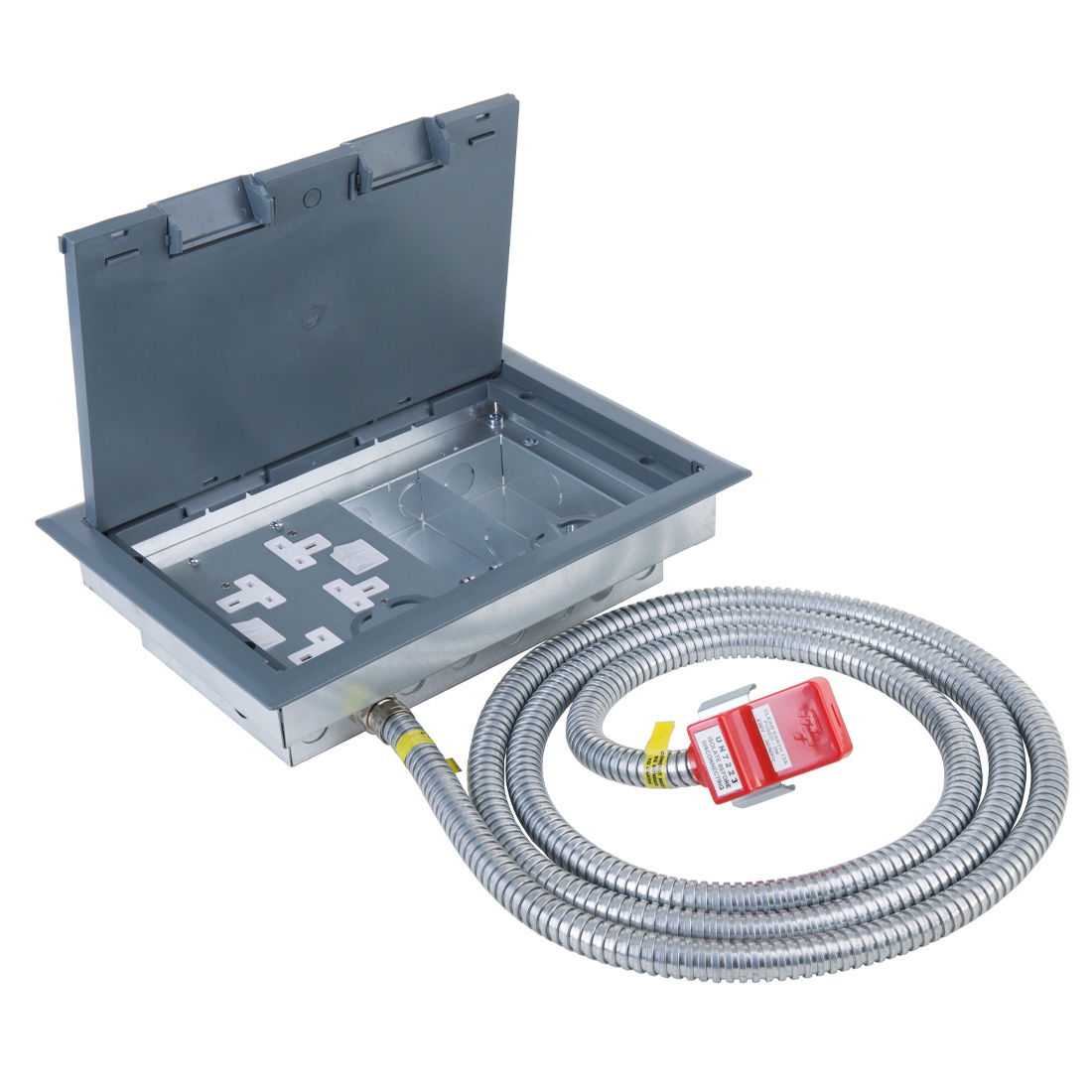 Marshall-Tufflex Pre-wired Raised Floor Box 4 Compartment 2 x 2 Gang Switched Socket 357mm x 257mm Grey + 32A Unfused Clean Earth Tap-off Unit 3m