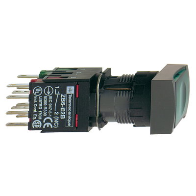 Green rectang flush complete illum pushbutton Ø16 spring return 1NO+1NC 12...24V