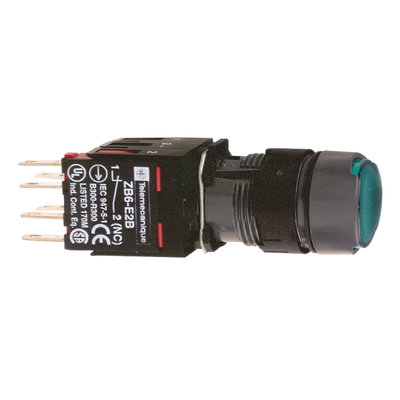 Green flush complete illum pushbutton Ø16 spring return 1NO+1NC 12...24V