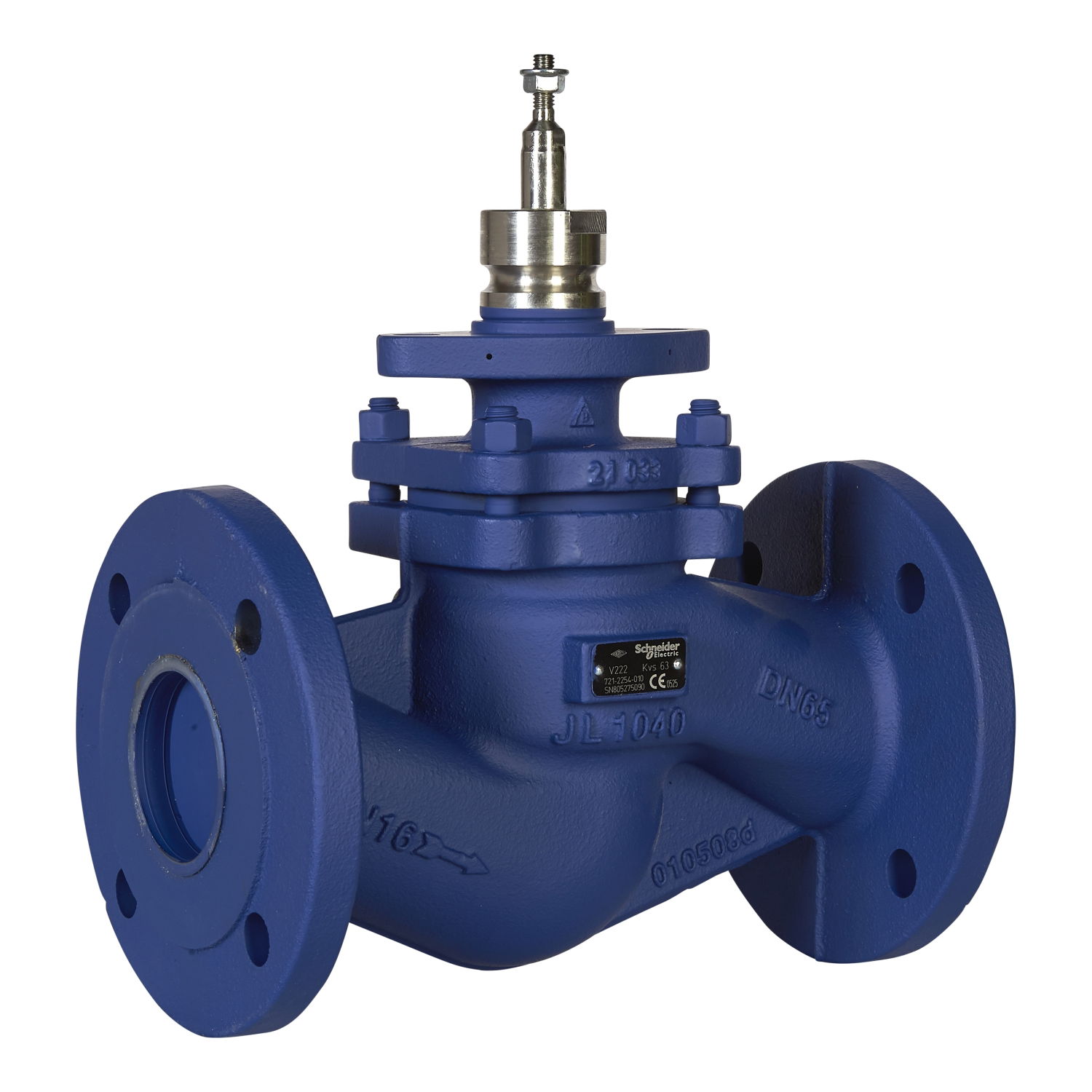 V222 Globe Valve, 2-Way, PN16, Flanged, Balanced plug, DN65, Kvs 63, Cast Iron Body, Stainless plug and seat