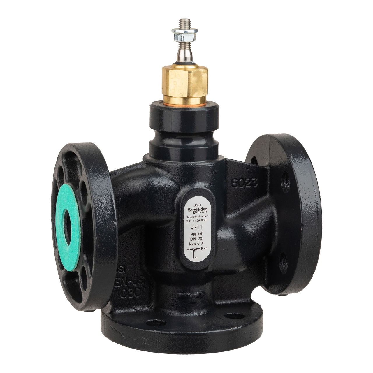 Venta V311 Globe Valve, 3-Way, PN16, Flanged, DN20, 6.3 Kvs, Nodular Iron Body and Seat, Brass plug, Max. Glycol 50%, St
