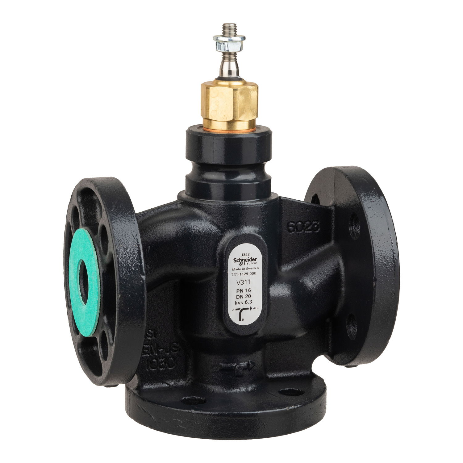Venta V311 Globe Valve, 3-Way, PN16, Flanged, DN20, 6.3 Kvs, Nodular Iron Body and Seat, Brass plug, Max. Glycol 50%, St