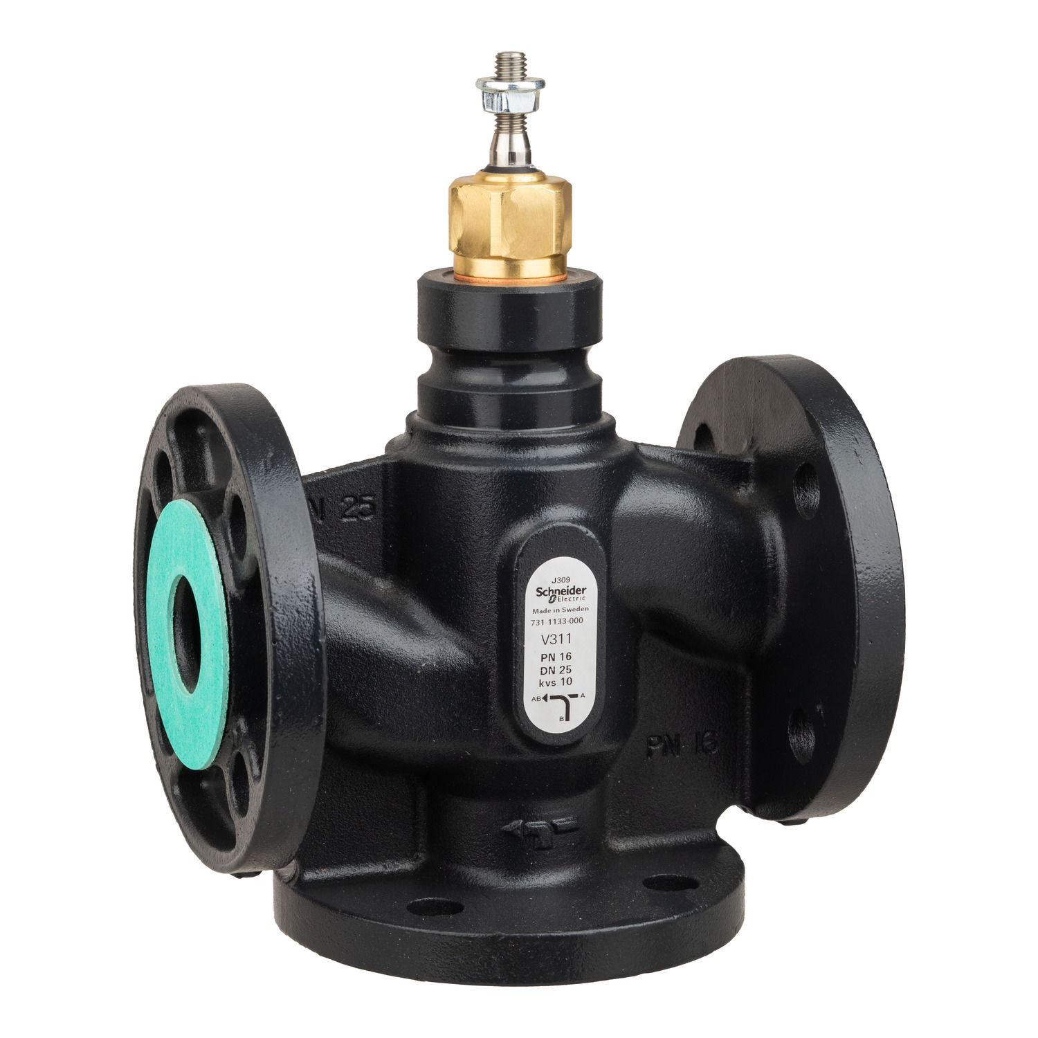 Venta V311 Globe Valve, 3-Way, PN16, Flanged, DN25, 10 Kvs, Nodular Iron Body and Seat, Brass plug, Max. Glycol 50%, Ste