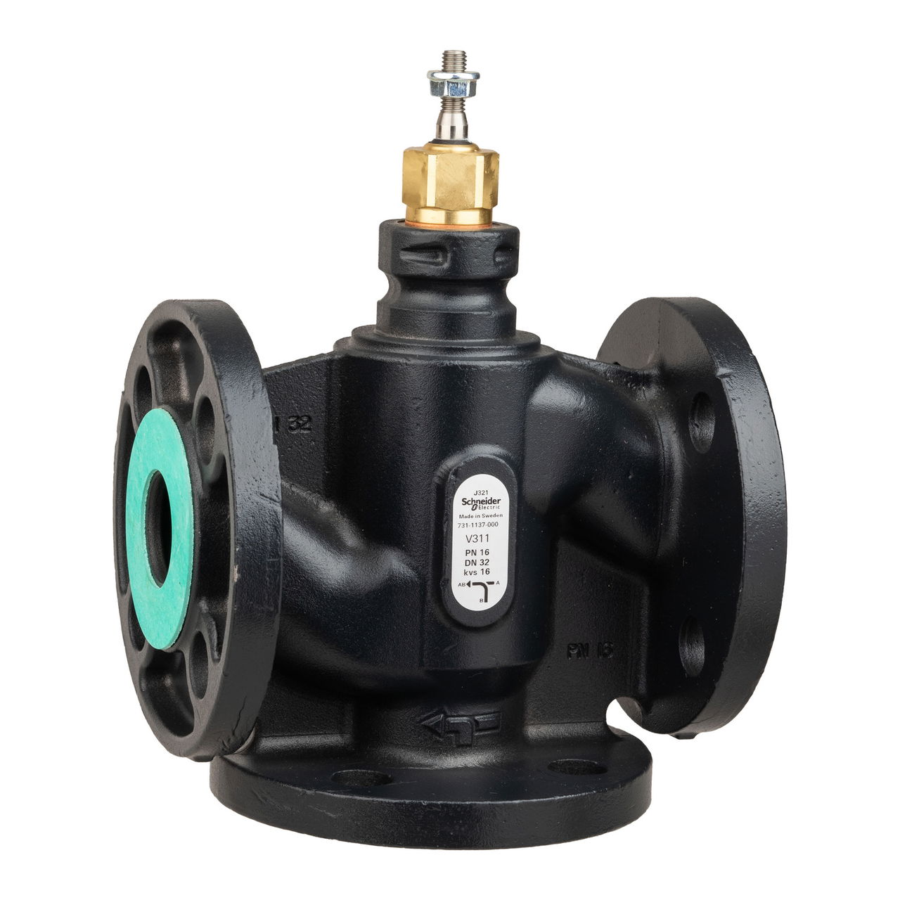 Venta V311 Globe Valve, 3-Way, PN16, Flanged, DN32, 16 Kvs, Nodular Iron Body and Seat, Brass plug, Max. Glycol 50%, Ste
