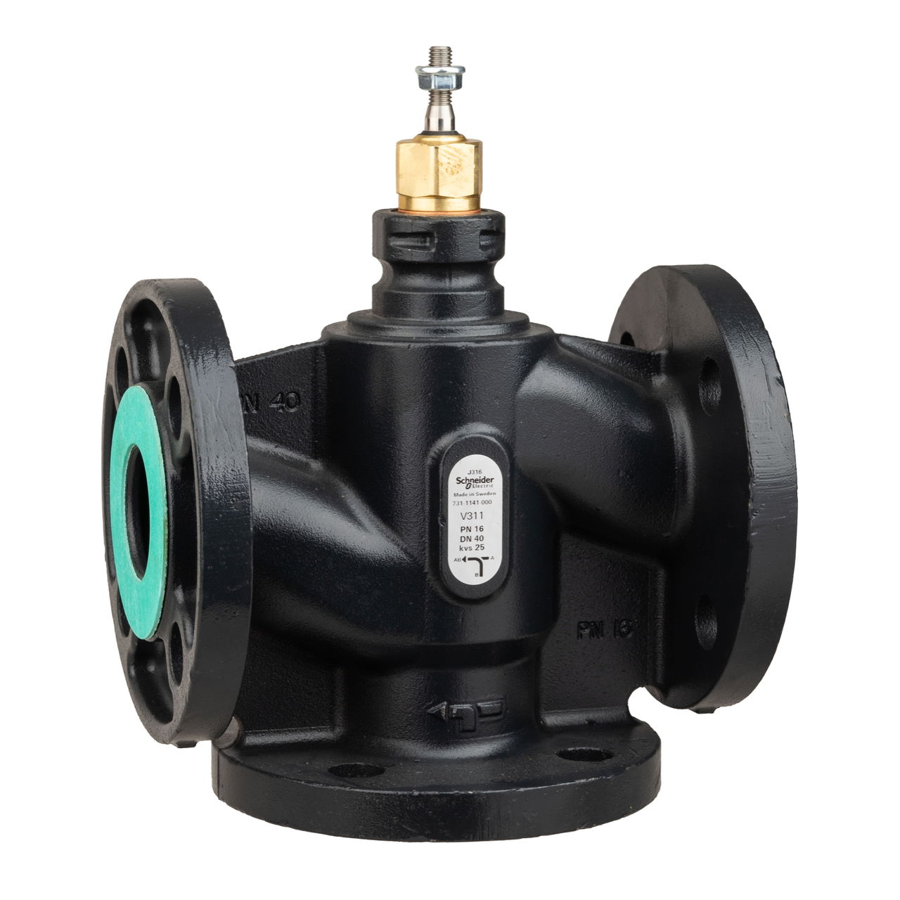 Venta V311 Globe Valve, 3-Way, PN16, Flanged, DN40, 25 Kvs, Nodular Iron Body and Seat, Brass plug, Max. Glycol 50%, Ste