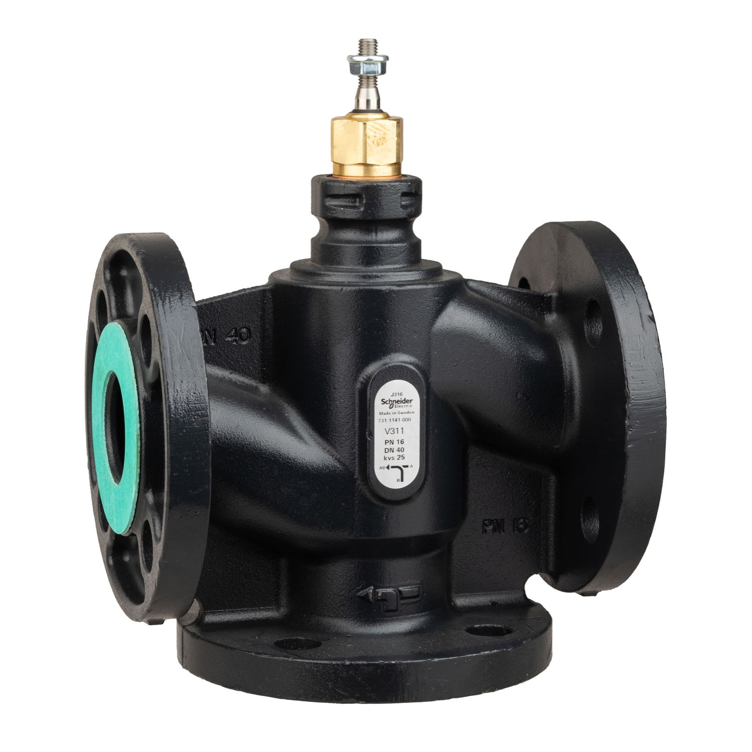 Venta V311 Globe Valve, 3-Way, PN16, Flanged, DN40, 25 Kvs, Nodular Iron Body and Seat, Brass plug, Max. Glycol 50%, Ste