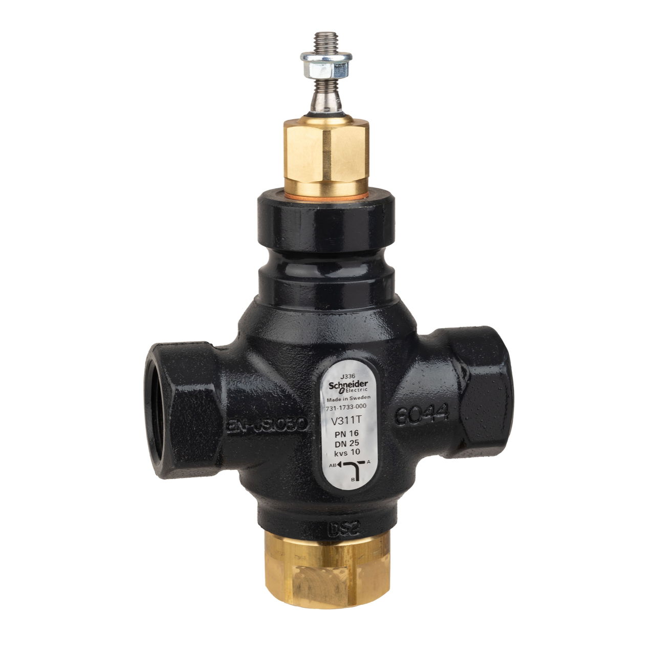 Venta V311T Globe Valve, 3-Way, PN16, Rp 1 Internal Thread, DN25, 10 Kvs, Nodular Iron, Brass plug, Max. Glycol 50%, Ste