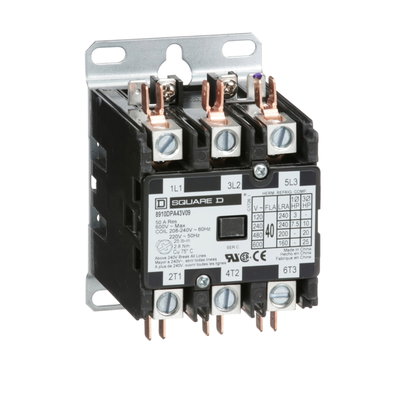 Contactor, Definite Purpose, 40A, 3 pole, 25 HP at 575 VAC, 3 phase, 208/240 VAC 60 Hz 220 VAC 50 Hz coil, open