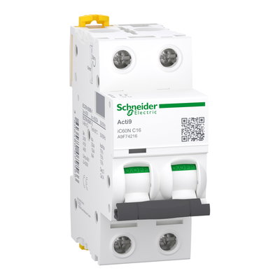 Miniature circuit-breaker, Acti9 iC60N, 2P, 16 A, C curve, 6000 A (IEC 60898-1), 10 kA (IEC 60947-2)