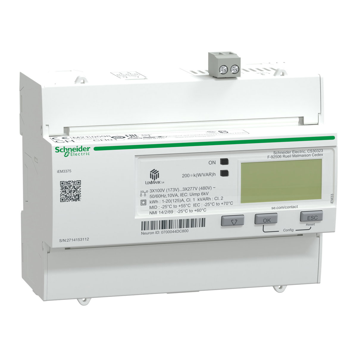 IEM3375 energy meter, 125A, LON, 1 digital I, multi-tariff