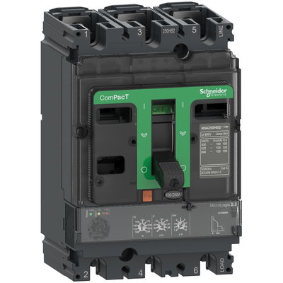 Circuit breaker ComPacT NSX250HB1, 75 kA at 690 VAC, MicroLogic 2.2 trip unit 250 A, 3 poles 3d