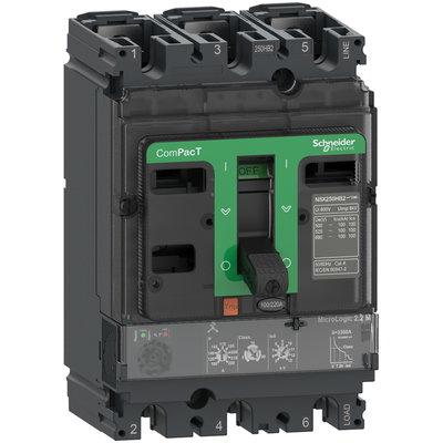 Circuit breaker ComPacT NSX100R, 200 kA at 415 VAC, MicroLogic 2.2 M trip unit 100 A, 3 poles 3d