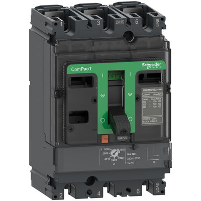 Circuit breaker ComPacT NSX250R, 200 kA at 415 VAC, MA trip unit 220 A, 3 poles 3d