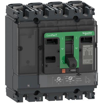 Circuit breaker ComPacT NSX250HB1, 75 kA at 690 VAC, TMD trip unit 200 A, 4 poles 4d
