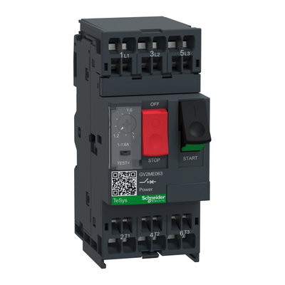 Motor circuit breaker, TeSys GV2, 3P, 1-1.6 A, thermal magnetic, spring terminals