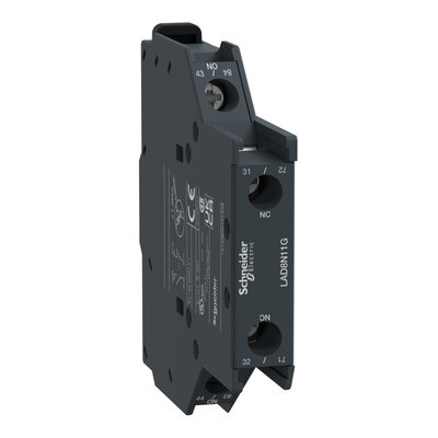 Auxiliary contact block, TeSys D, 1NO + 1NC, side mounting, screw clamp terminals, EN 50012