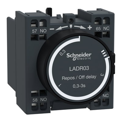 Time delay auxiliary contact block, TeSys D, 1NO + 1NC, off delay 0.3-3s, front, spring terminals