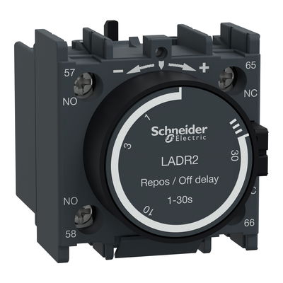 Time delay auxiliary contact block, TeSys Deca, 1NO+1NC, off delay 1-30s, front, screw clamp terminals