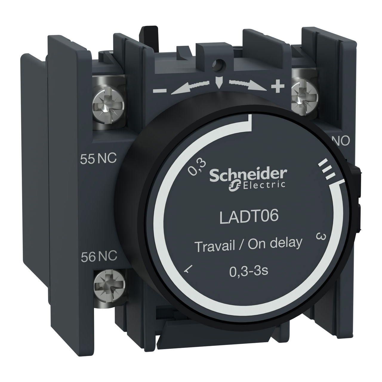 Time delay auxiliary contact block, TeSys D, 1NO + 1NC, on delay 0.3-3s, front, lugs-ring terminals