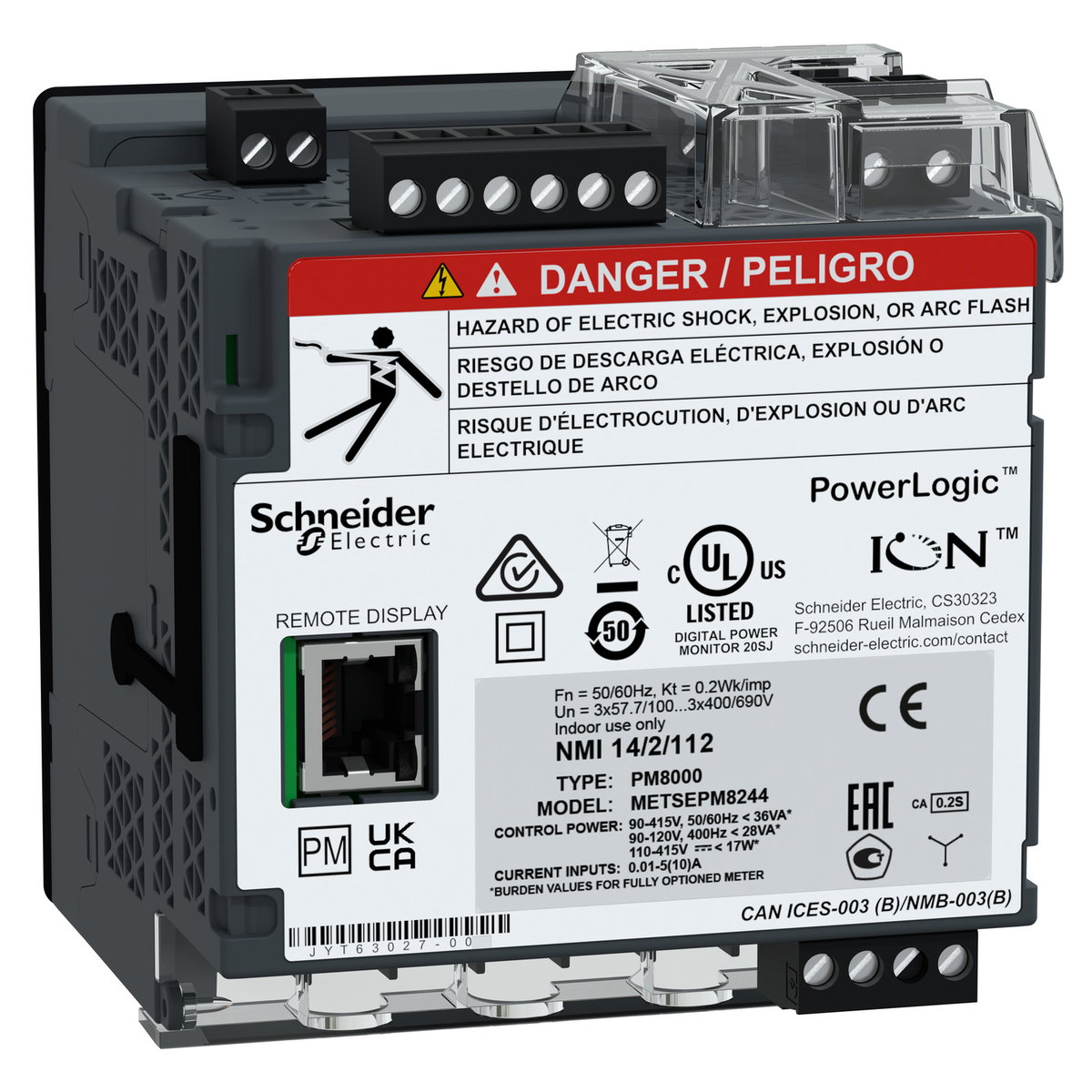 PowerLogic PM8000, PM8244, Montaje carril DIN+Pantalla Remota, Mereting int.