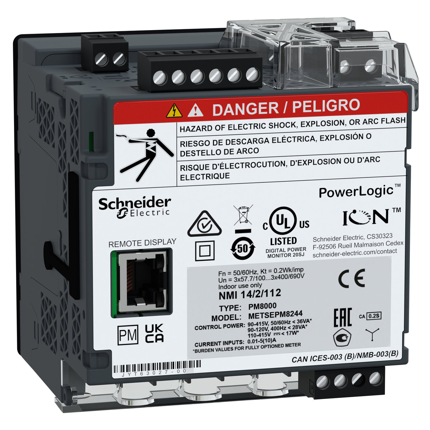 PowerLogic PM8000, PM8244, Montaje carril DIN+Pantalla Remota, Mereting int.