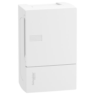 Enclosure, Resi9 MP, surface mounting, 1 row of 4 modules, IP40, white door, 1 earth + 1 neutral terminal blocks