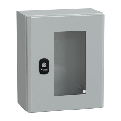 "Wall mounted steel enclosure, PanelSeT S3D, transparent door, without mounting plate, 300x250x150mm, IP66, IK08"