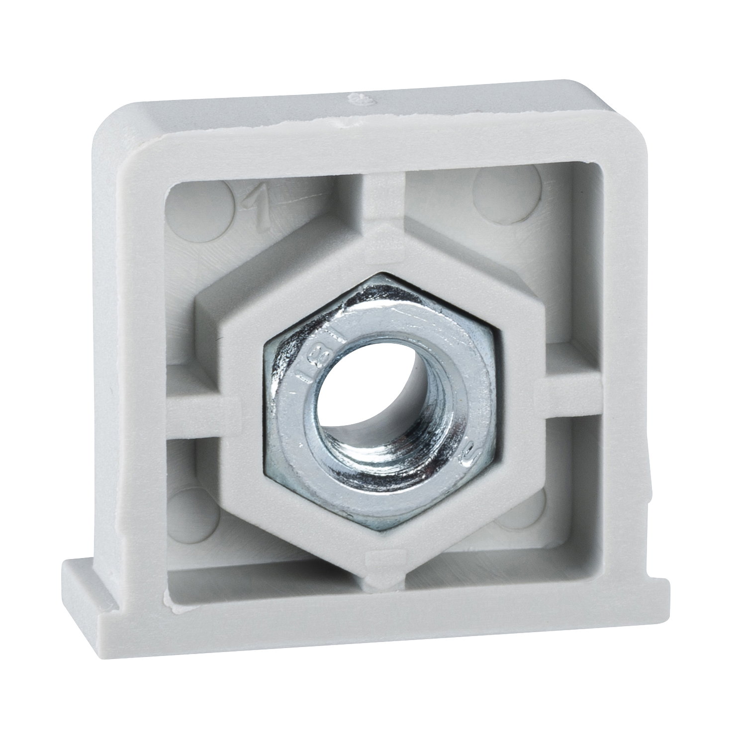 Plastic nut and M6 screw placed in the notches of PLM for DIN rail – Image 2 of 2