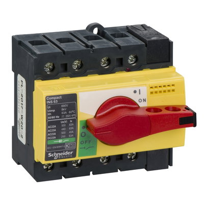 Lasttrennsch. INS63,4P, 63A/690V AC/250V DC,Drehantrieb rot/Grund gelb