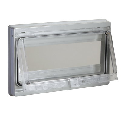 Modular front panel with IP 55 sealed window. Opening 46 x180mm (10 modules).