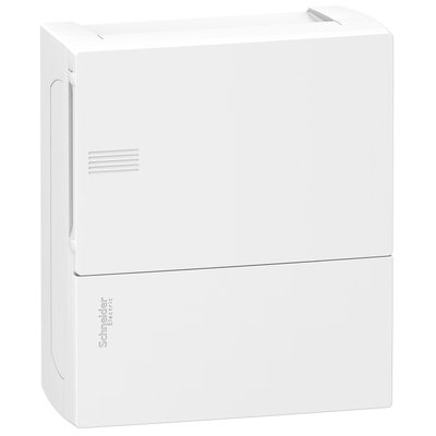 Enclosure, Resi9 MP, surface mounting, 1 row of 8 modules, IP40, white door, 1 earth + 1 neutral terminal blocks