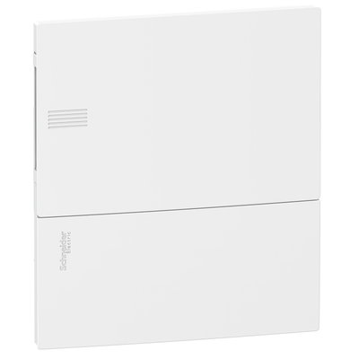 Enclosure, Resi9 MP, flush mounting, 1 row of 8 modules, IP40, white door, 1 earth + 1 neutral terminal blocks