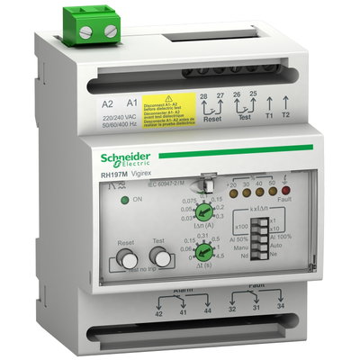 Residual current protection relay, Vigirex RH197M, 30 mA to 30 A, 220/240 VAC 50/60Hz, alarm 50% or 100%, DIN rail mounting
