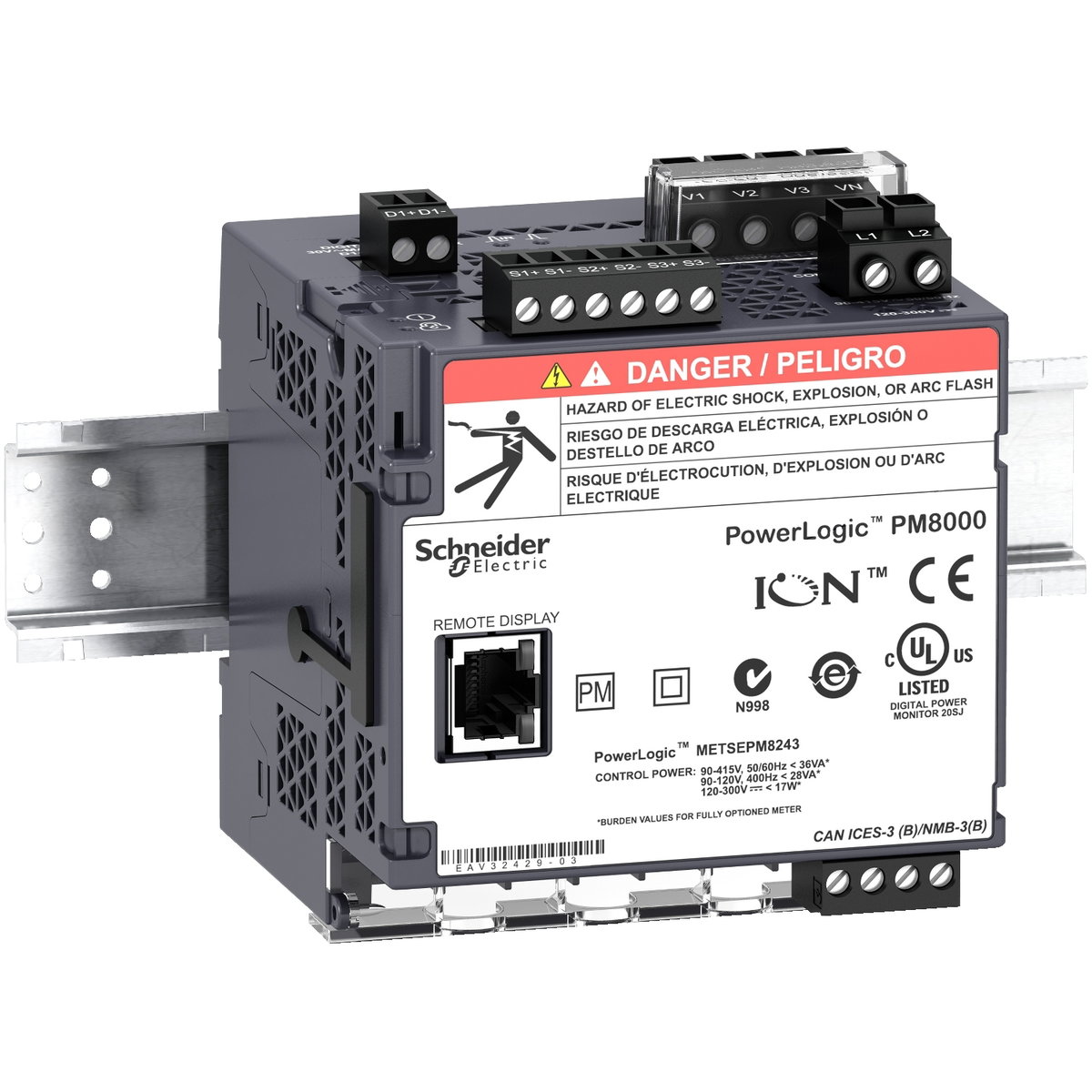 PowerLogic PM8000, PM8243, Montaje carril DIN, Metering intermedio – Imagen 2 de 2